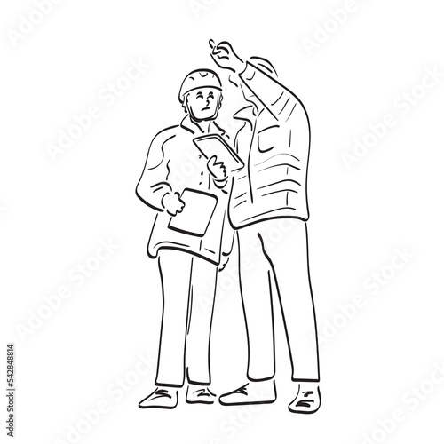 two male ngineers standing outdoors on construction site, using tablet illustration vector hand drawn isolated on white background line art.