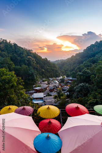 Mae Kampong mountain village in deep forest at evening , Chiang Mai, Thailand photo