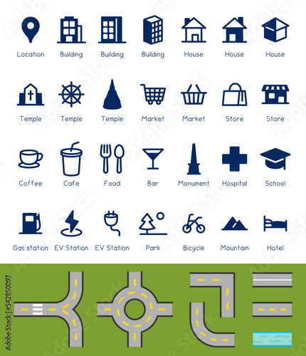 Landmark place icon and road for creating map vector