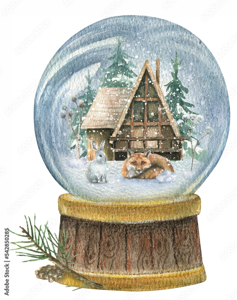Watercolor New Year's illustration of a snow globe that has a wooden ...