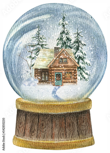 Watercolor New Year's illustration of a snow globe in which there is a wooden house and Christmas trees in the snow