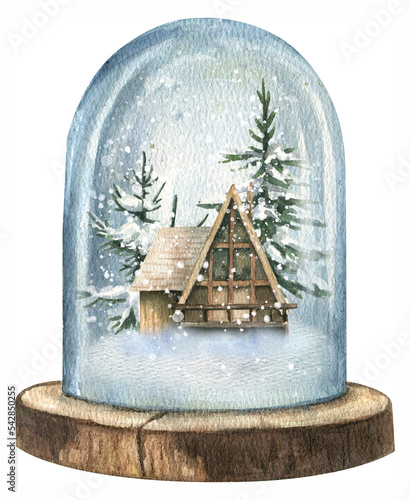 Watercolor New Year's illustration of a snow globe in which there is a wooden house and Christmas trees in the snow