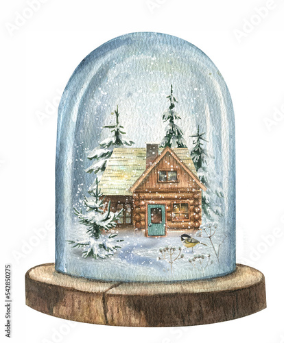 Watercolor New Year's illustration of a snow globe in which there is a wooden house and Christmas trees in the snow