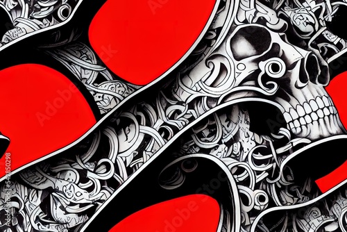 Seamless tattoo background with a skull, mask, tattoo machine, and other elements tattoo. Ideal for printing for fabric, wall decoration, and many other uses photo