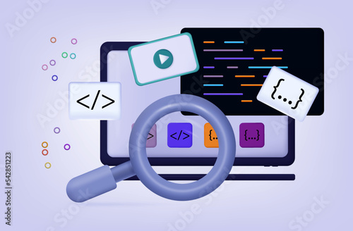 Coding or testing process 3d, search, check, select. Software, system task, search for bugs on laptop screen, bug with magnifying glass. Application, development, web building. Vector illustration.