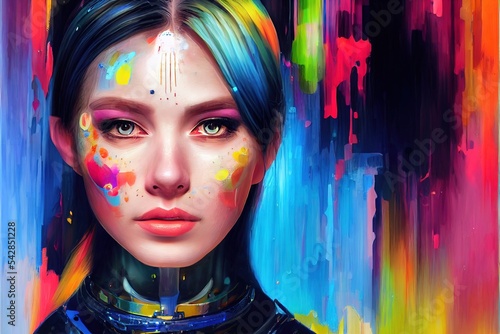 Stunning colourful illustration of female cyborg, bold brushstrokes, ai generated illustration. Character is not based on any real person. 