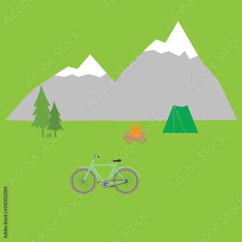 Bicycle, tent, fire and fir tree in the mountains