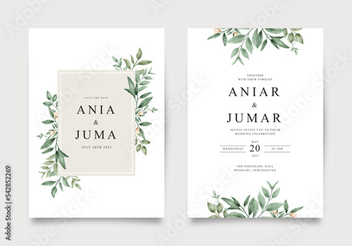 Wedding invitation template set with green leaves and yellow flowers decoration