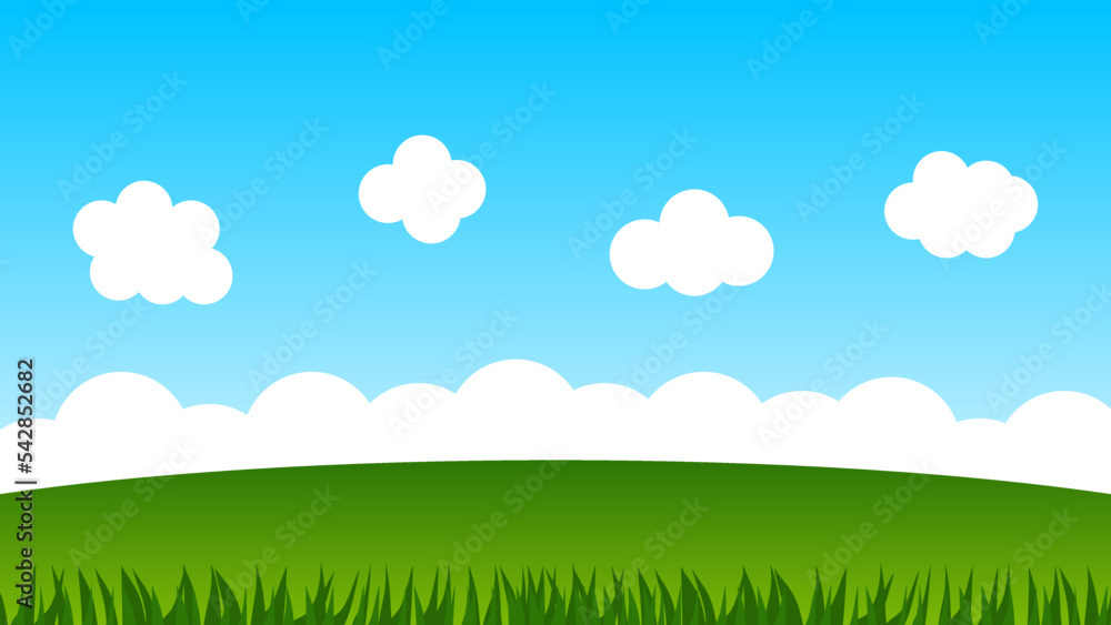landscape cartoon scene with green hills and white cloud in summer blue sky background