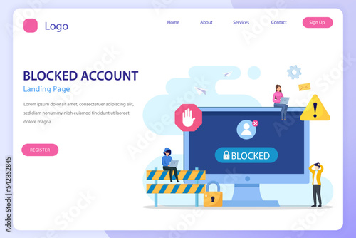 People are very surprised and feeling anxious about blocked user account. Experts help user to unblock account. Flat vector template