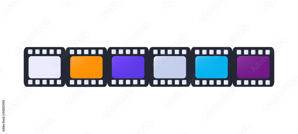 3d color cine-film. Roll or reel of multi-colored frames. The concept of the film industry, the art of photography, picture processing, negative. Filmstrip slide, watching a series or TV. Vector 