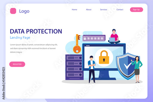 Data Security concept, People work on screen protecting data and files. Flat vector template photo