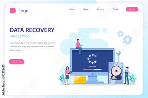 flat vector concept of data recovery services, data backup and protection, hardware repair.