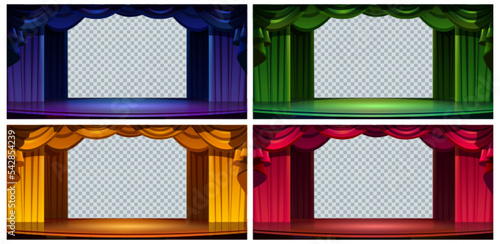 Stage curtains isolated set, empty frames of red, blue, green and yellow drapery for theater scene on transparent background. Luxury textile decor for opera or music hall, Cartoon vector illustration