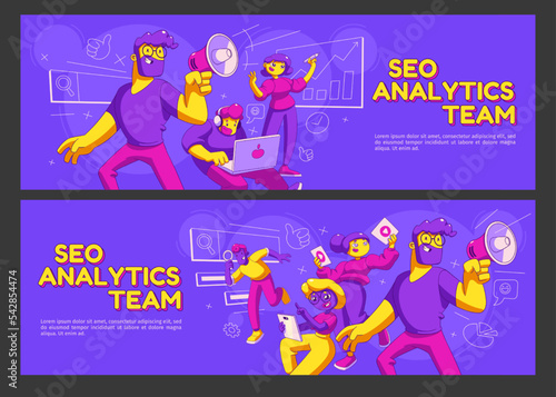 Seo analytics team cartoon banners with contemporary characters with laptop, loudspeaker, tablet and glass provide search engine optimization campaign for social media, Cartoon linear vector templates