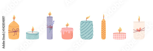Set of different decorative scented candles in candlesticks for relaxation and spa. Vector flat illustration