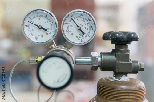 Pressure Gauge, pressure gauge on a gas regulator in a laboratory analytical equipment.