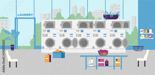 Laundry room interior with laundromat apparatus, flat vector illustration.