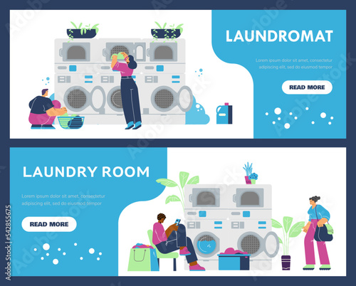 Laundry room and laundromat service flyers or posters flat vector illustration.