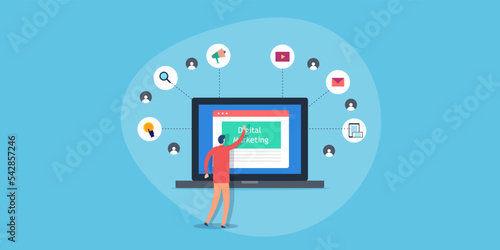 Businessman successfully executes digital marketing strategy, attracting website visitors, new customers on conversion page concept.