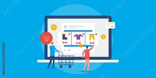 Ecommerce online shopping web store, man with trolley and customer clicking on buy button, order checkout concept.