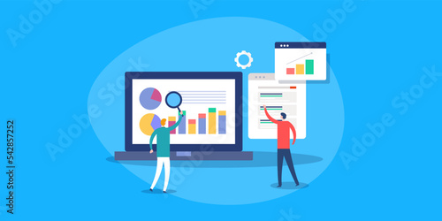 Business data analysis, team of marketing people inspecting seo report and website ranking on search page.