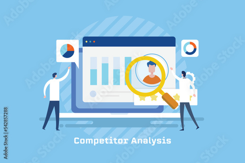 Business people getting information about industry and marketing strategy from competitor analysis program on laptop screen.