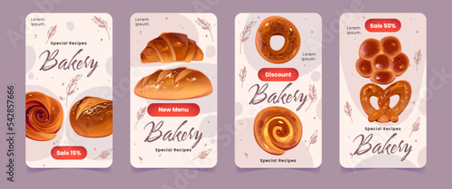 Bakery shop social media templates for stories, ads banners set. Promo posters design for bread or bake house production, isolated layouts with croissants, buns or pretzel, Cartoon vector illustration