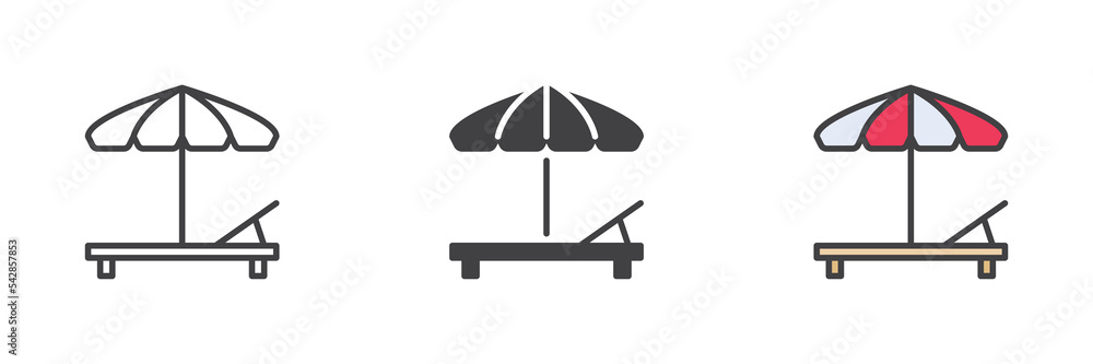 Beach umbrella and Sun lounger different style icon set Beach umbrella and Sun lounger different style icon set
