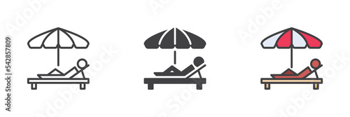 Beach chair with umbrella different style icon set