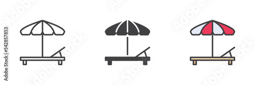 Beach umbrella and Sun lounger different style icon set