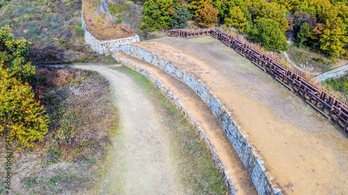 Aerial view of Gomosan fortress wall in South Korea on sunny fall day.