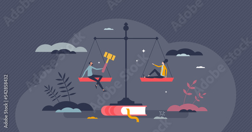 Balance of the law and freedom for ethical legal system tiny person concept. Court scale as dignity, liberty, equality and inalienable rights symbol vector illustration. Honesty judgment or protection