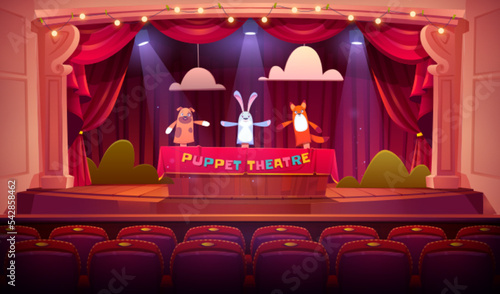 Puppet show on theater stage with red curtains, spotlights and seat chairs. Theatre for kids with marionette dolls dog, rabbit and fox on wooden scene, animal hands toys Cartoon vector illustration