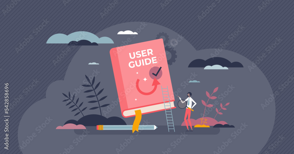 User guide manual as document with product guidance info tiny person concept. Help instructions and information about usage or FAQ vector illustration. Support handbook with technical assistance. - obrazy, fototapety, plakaty 