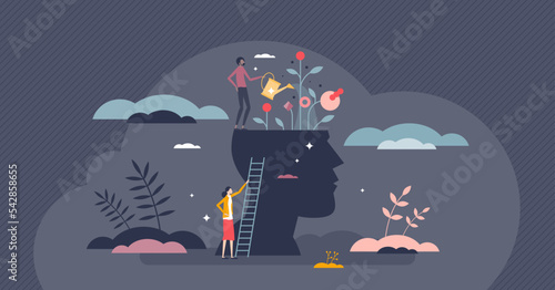 Growth mind and mental intelligence self development tiny person concept. Psychological session and therapy support or knowledge talent cultivation as watering flowers on head vector illustration.