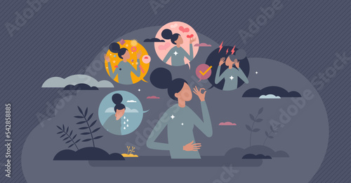 Mood changes and various feelings as bipolar emotion disorder tiny person concept. Psychological unstable behavior and thinking from sad to happy vector illustration. Change mental behaviour instantly