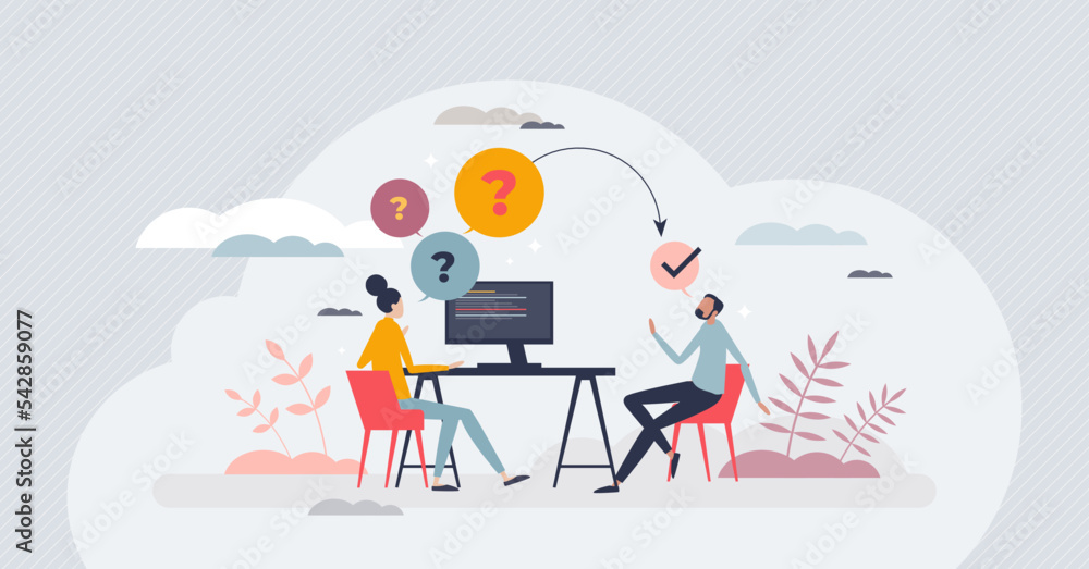 Job interview questions and candidate experience check tiny person concept. Human resources work process with CV evaluation, skill and qualification expertise using conversation vector illustration. - obrazy, fototapety, plakaty 