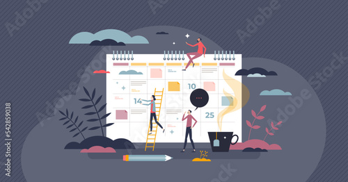 Calendar schedule with month date plan or daily reminders tiny person concept. Appointment, meeting and business note on monthly, annual or weekly organizer vector illustration. Planning tool for work