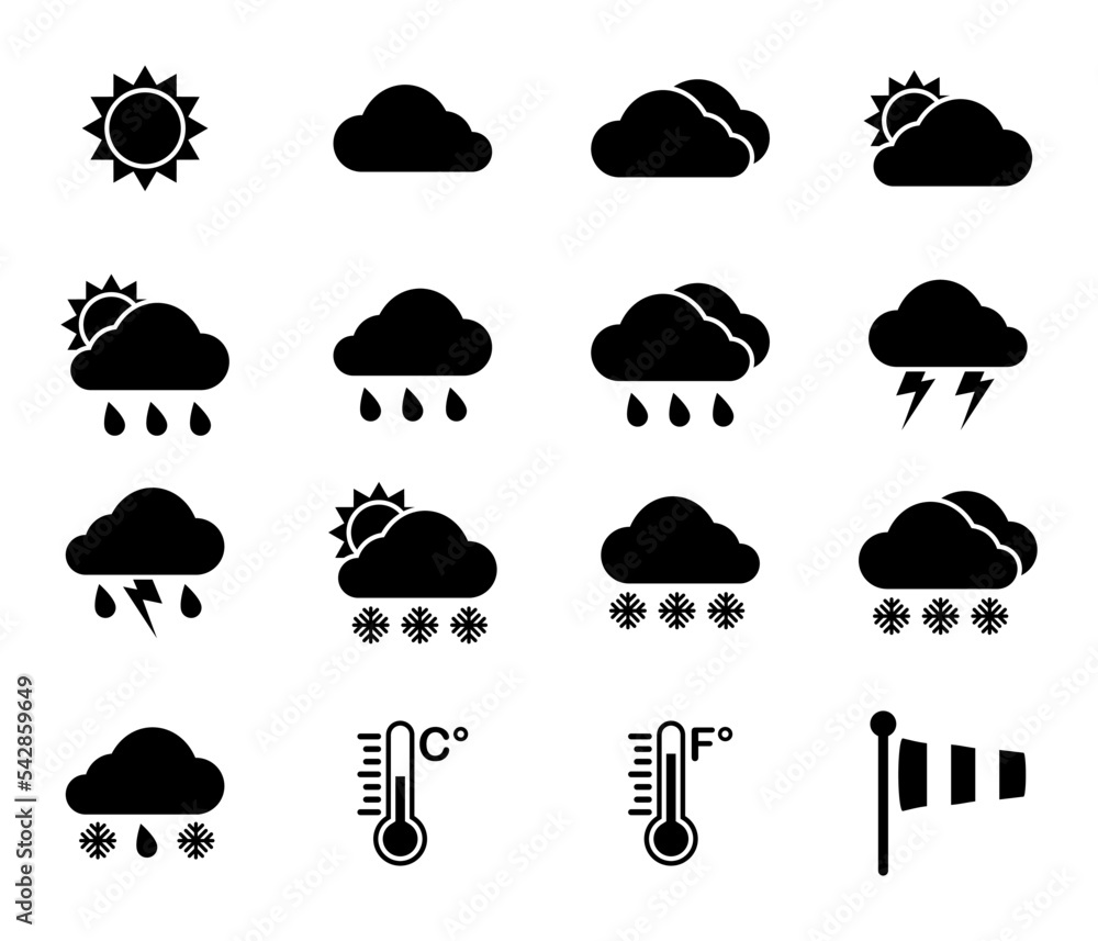 Weather icon set black color. Weather symbols. Weather overcast. Weather icon set black color. Weather symbols. Weather overcast.