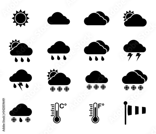 Weather icon set black color. Weather symbols. Weather overcast.