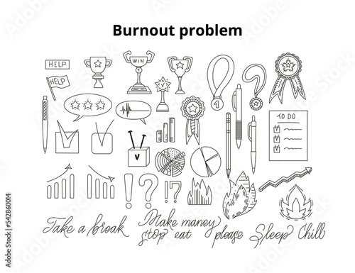 Doodle illustration set burnout concept problem symbol.
