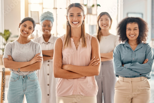 Business woman leadership, empowerment and portrait of diversity management, smile collaboration and employee motivation of office teamwork. Happy women, staff group and commitment to goals in agency