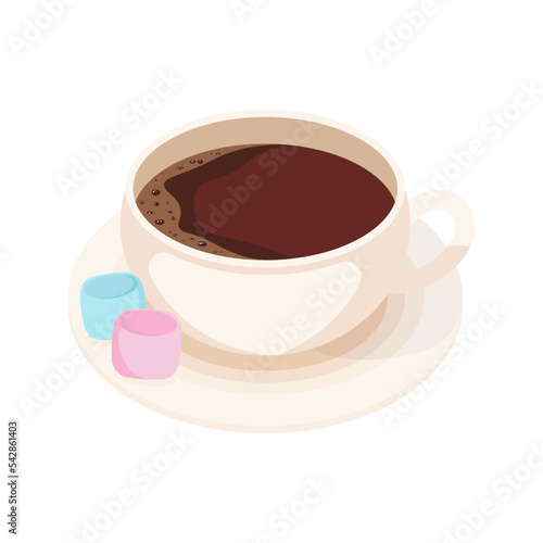 A cup of cocoa on a saucer with colored marshmallow