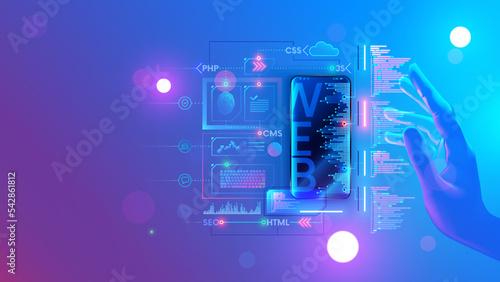 ui ux design for phone mobile app. Conceptual illustration of web develop internet site. Creating software of smartphone application. Web design of mobile layout of website. Digital technology.