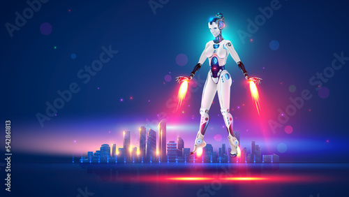 Flying robot or cyborg woman in superhero iron suit. Sci-fi robotic girl in armor lands on background of futuristic city. Character super hero with jetpack rocket engine. Robotic woman takes off sky