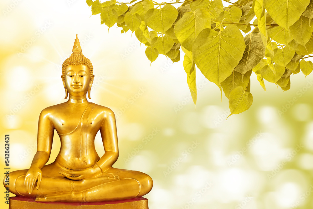 Buddha statue sitting on golden yellow background, behind Bodhi leaves with copy space. Magha Puja, Asanha Puja, Vesak Puja Day, Thailand culture Buddha statue sitting on golden yellow background, behind Bodhi leaves with copy space. Magha Puja, Asanha Puja, Vesak Puja Day, Thailand culture