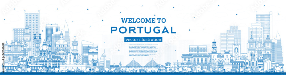 Welcome to Portugal. Outline City Skyline with Blue Buildings.