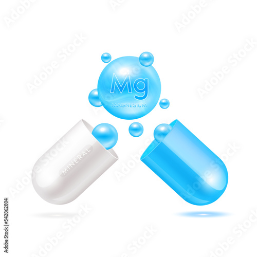 Magnesium mineral in capsule blue 3d isolated on white background. Vector EPS10 illustration. Vitamins minerals complex for product design. Medical scientific concepts.