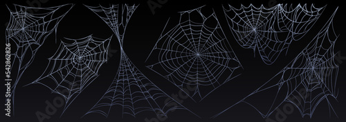 Spider web Halloween set, cobweb, spooky insect net collection design elements for greeting cards. Scary, horror decorative graphics isolated on black background, Cartoon vector illustration, clipart